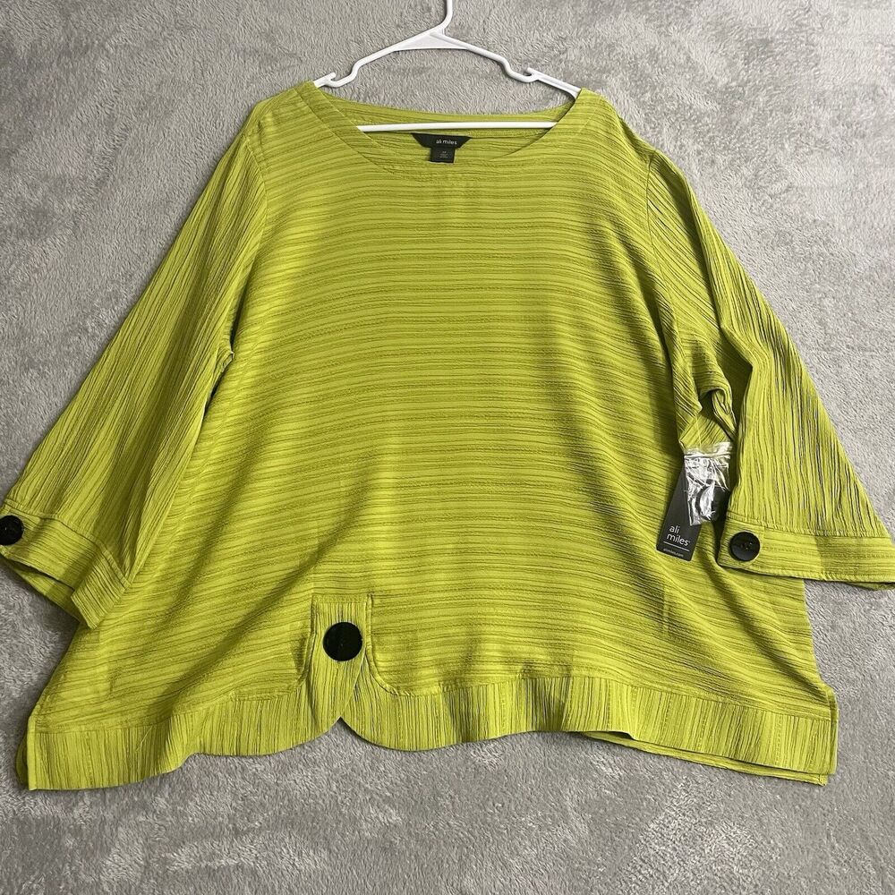 Ali Miles Top Womens 3X Plus Green Jacquard Scoop Tulip Hem Lagenlook Boxy New
